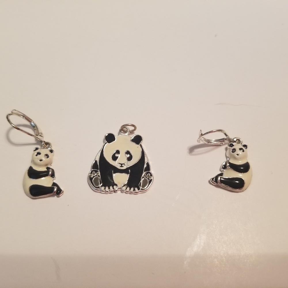 Panda Pendant and Pierced Hanging Earrings set